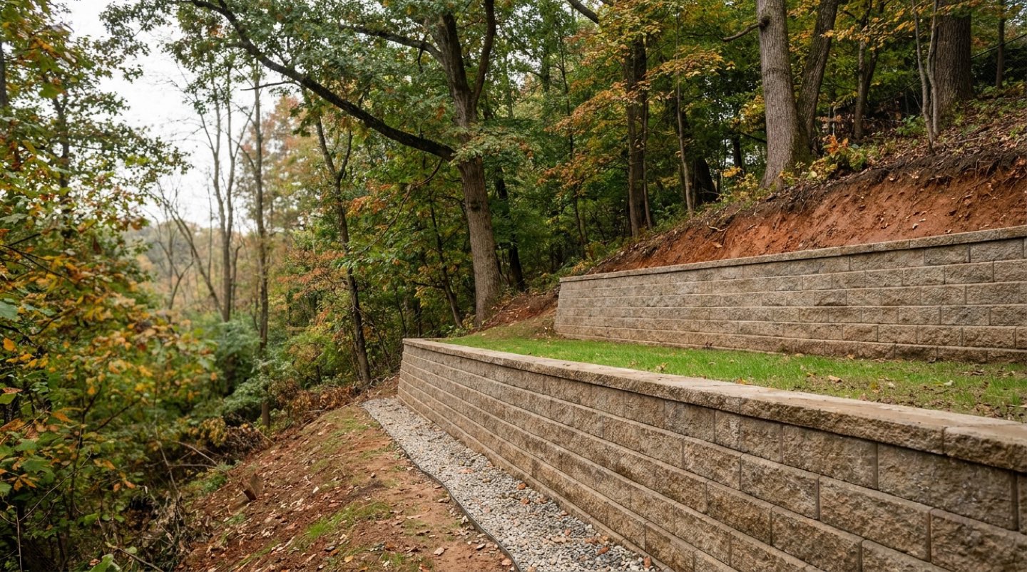 A two-tier segmental block retaining wall terracing a steep wooded hillside, with a gravel drainage course at its base and exposed red-brown clay in the cut slope above.