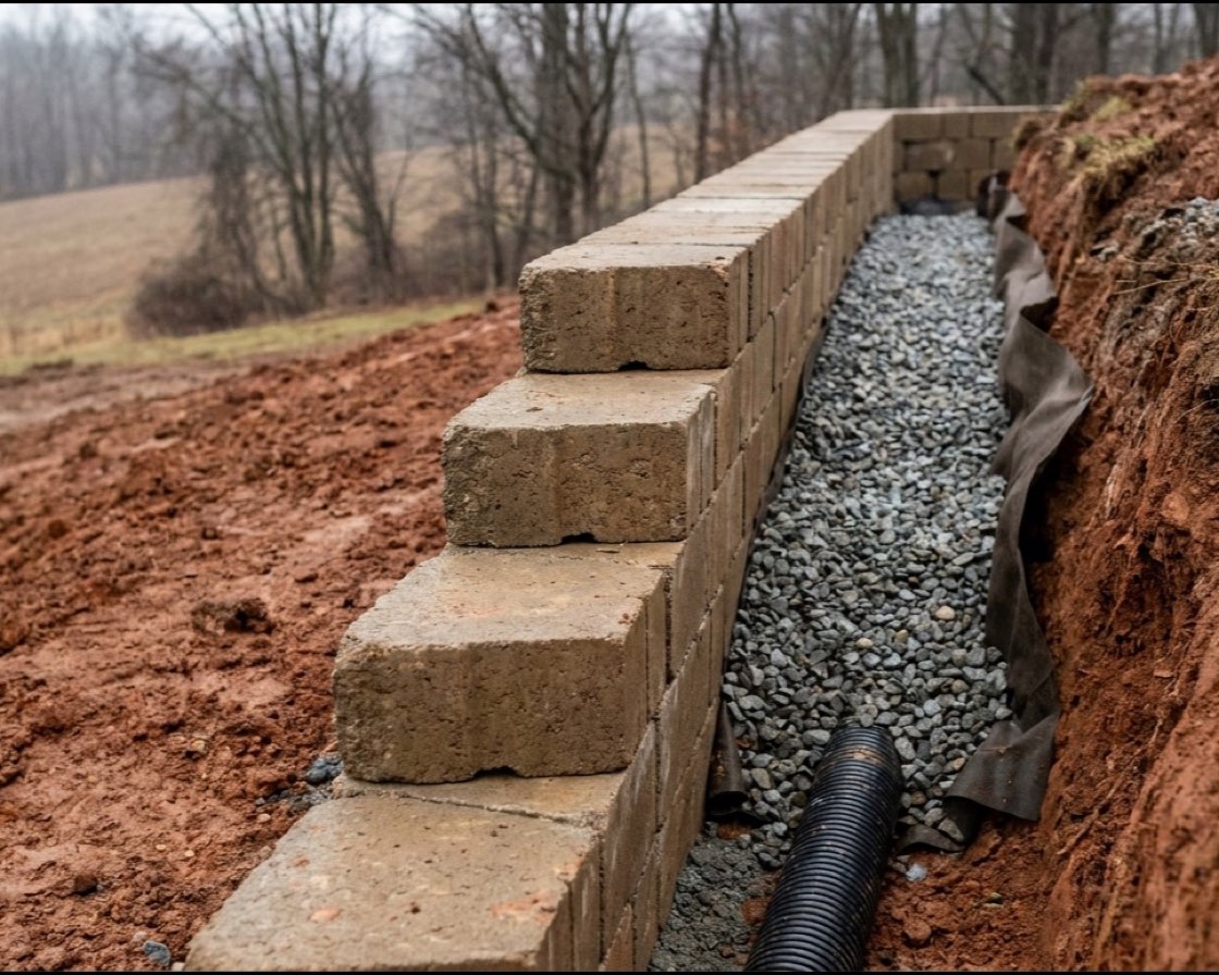 Segmental block retaining wall part-way through construction, with clean drainage stone, filter fabric and a perforated drain pipe visible behind the courses against cut red clay.